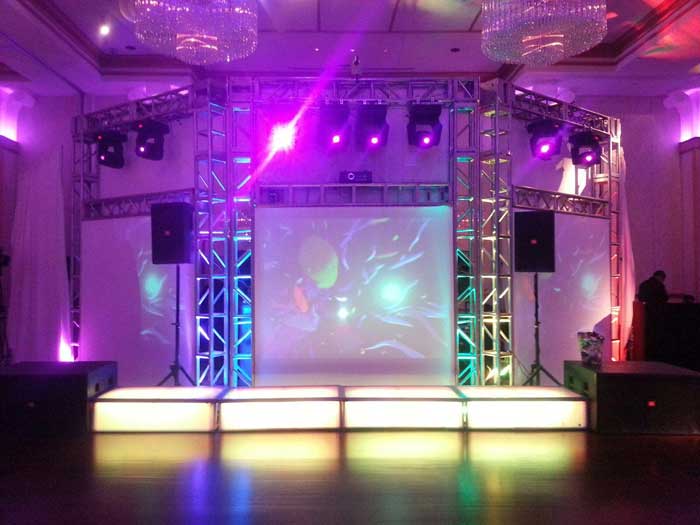 triple video screen with truss over LED stage decks